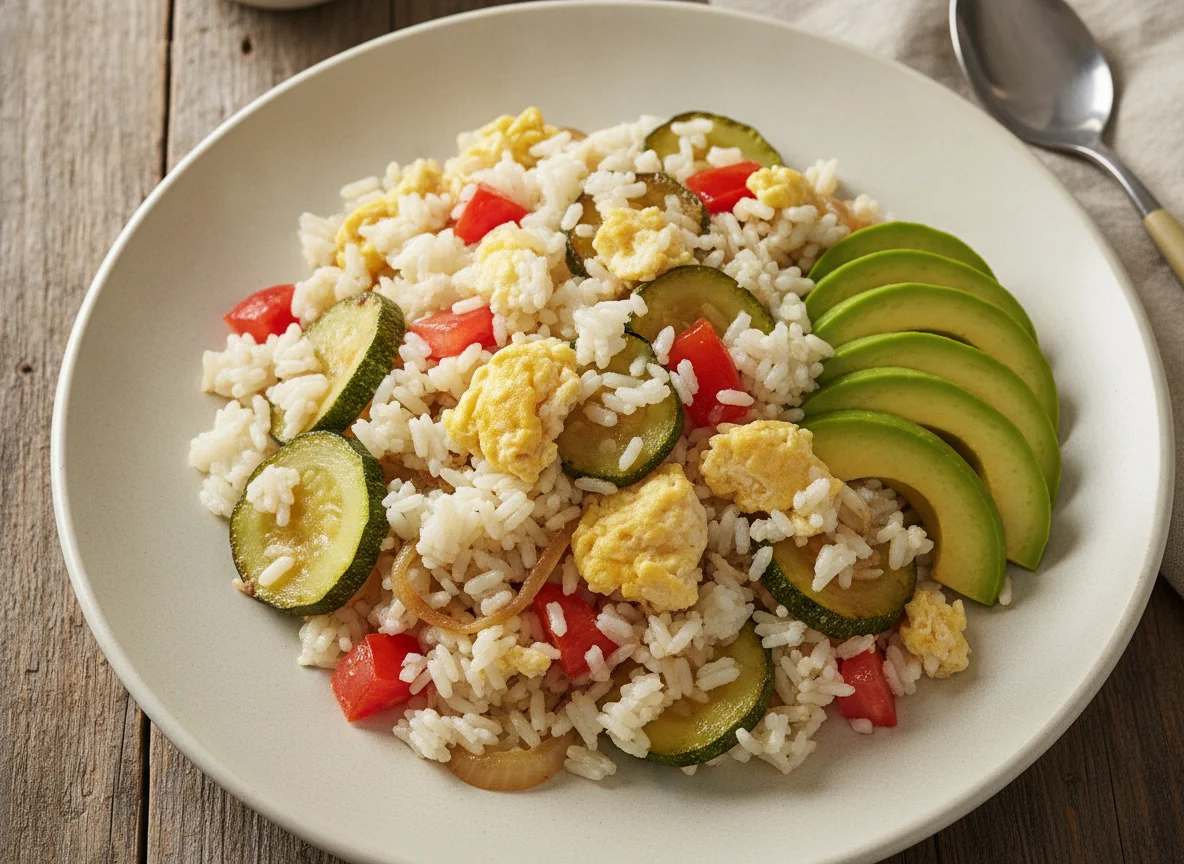 Salteado de arroz con vegetales, huevo y palta photo