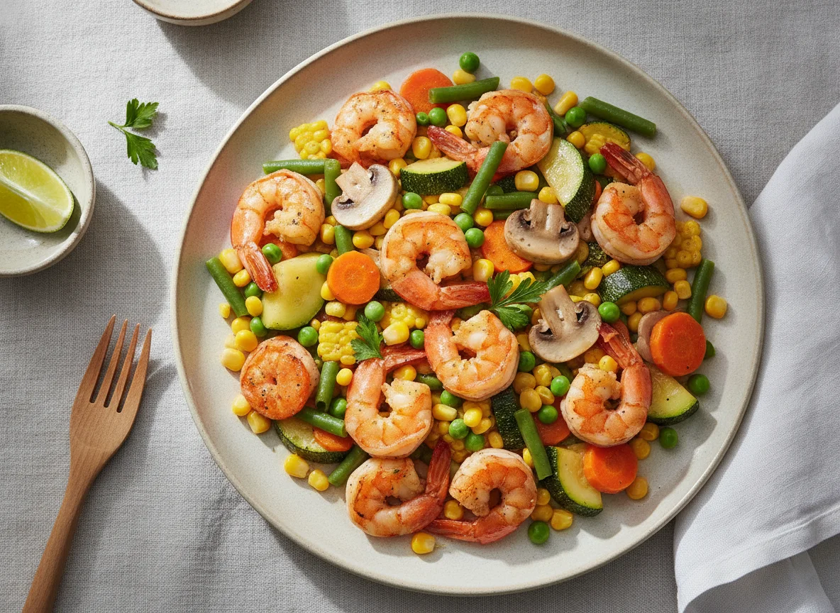 Salteado de camarones con verduras photo