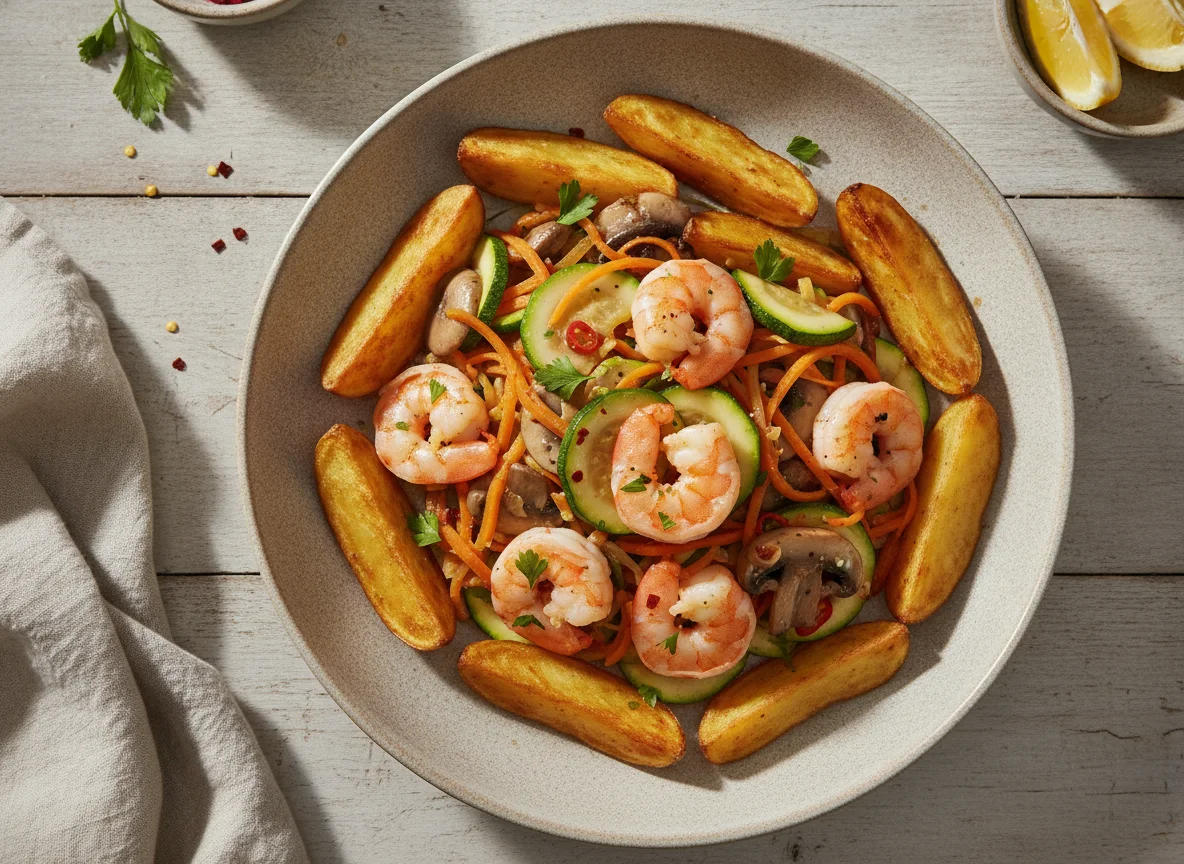 Salteado de camarones con verduras y papas asadas photo