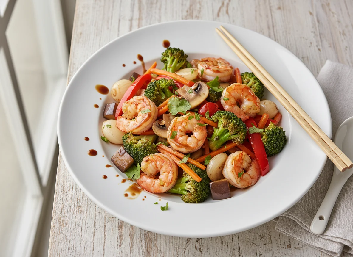 Salteado de camarones y vegetales photo