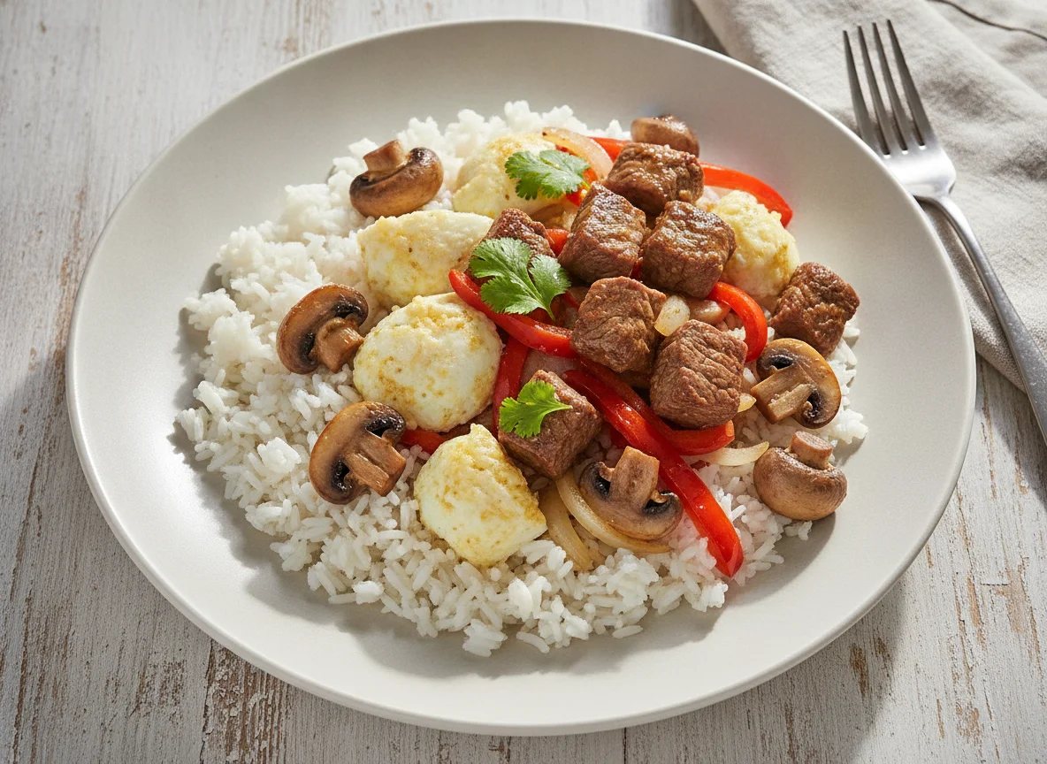 Salteado de carne con arroz, claras de huevo y champiñones photo