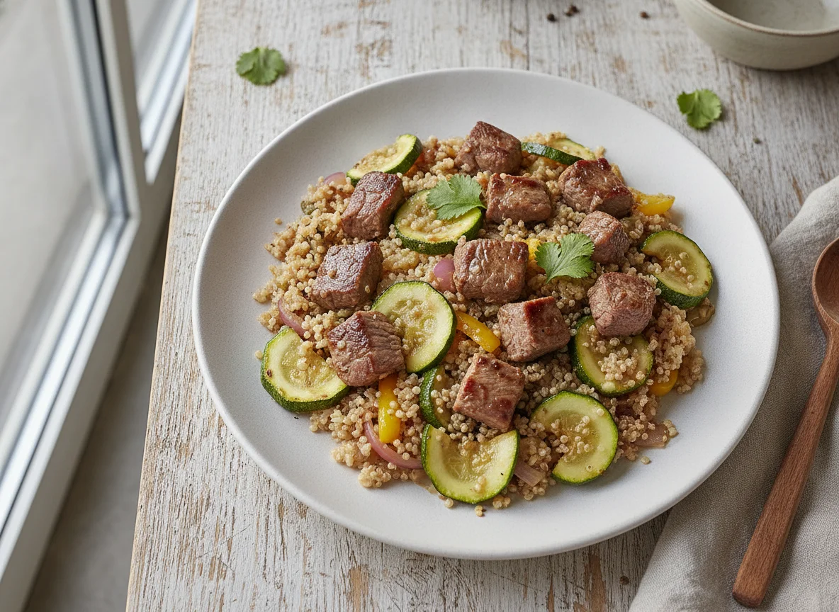 Salteado de carne con arroz integral, quinoa y zapallito italiano photo