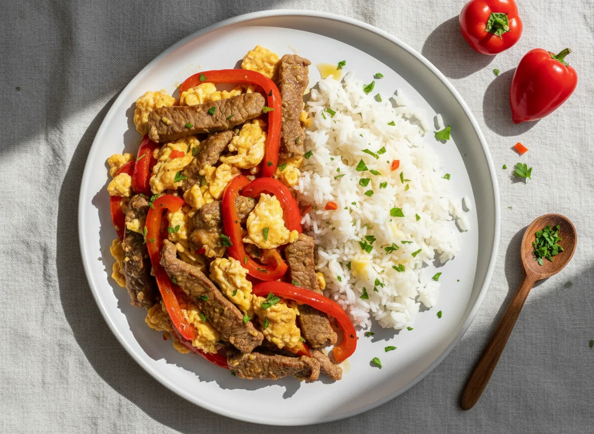 Salteado de carne con arroz y pimentón photo