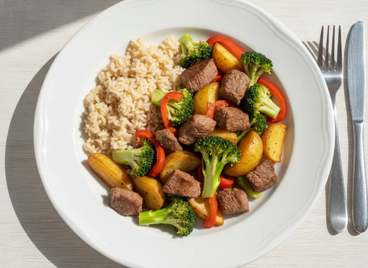 Salteado de carne con brócoli y papas photo