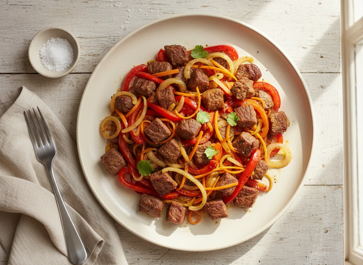 Salteado de carne con pimientos y cebolla photo