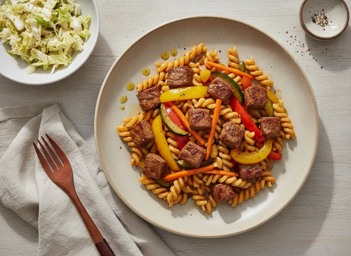 Salteado de carne con verduras, fideos y ensalada de col photo