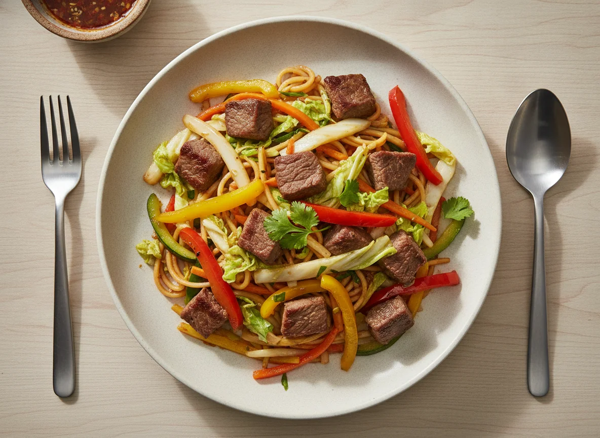 Salteado de carne con verduras, fideos y repollo photo