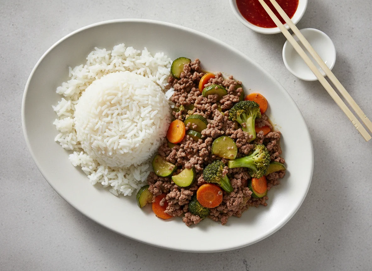 Salteado de carne con verduras y arroz blanco photo