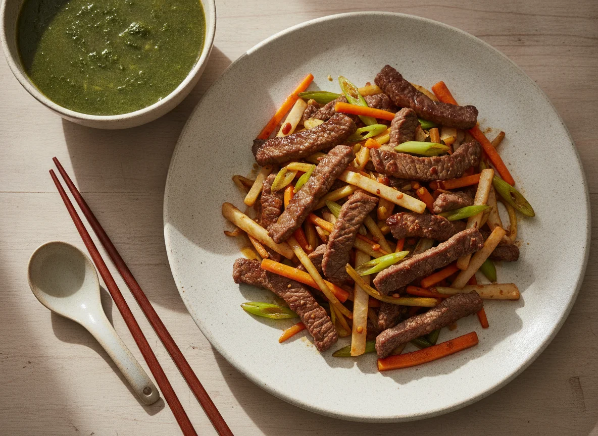 Salteado de carne con verduras y sopa de hojas verdes photo