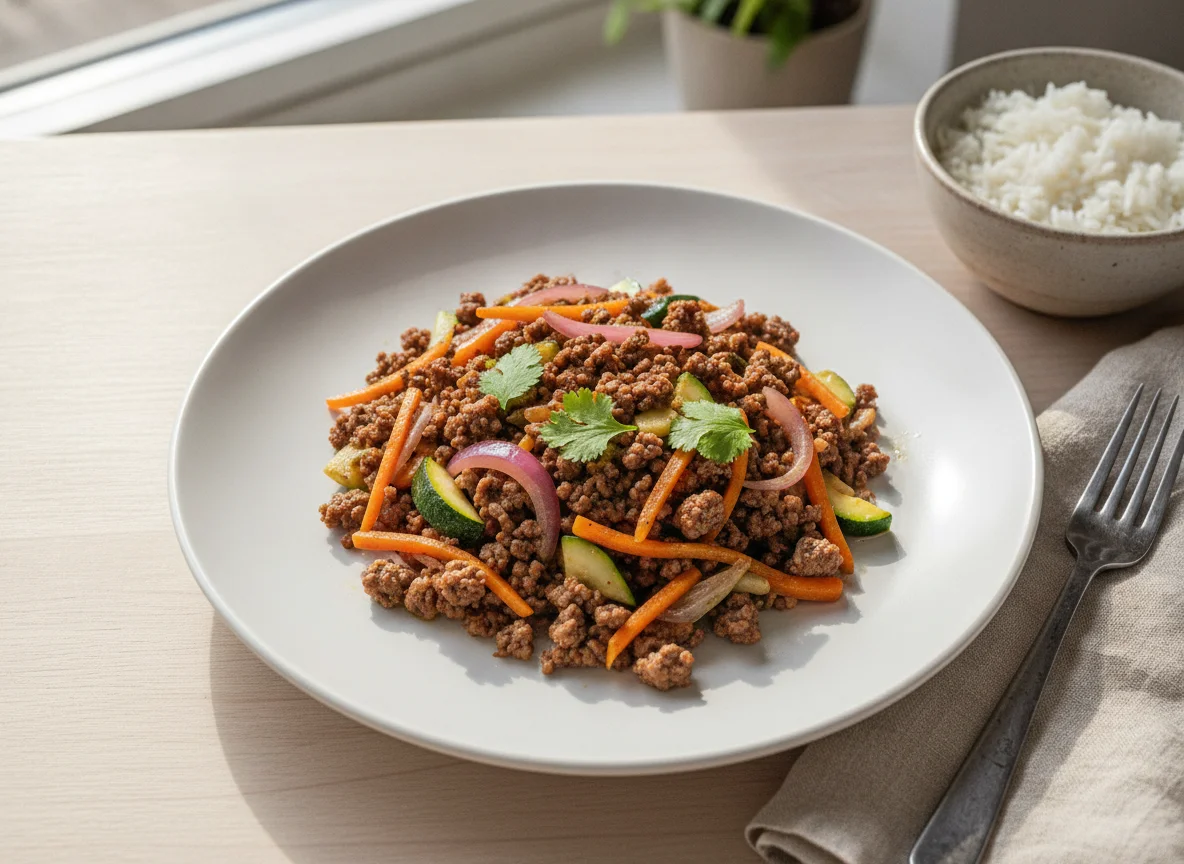 Salteado de carne picada con verduras photo