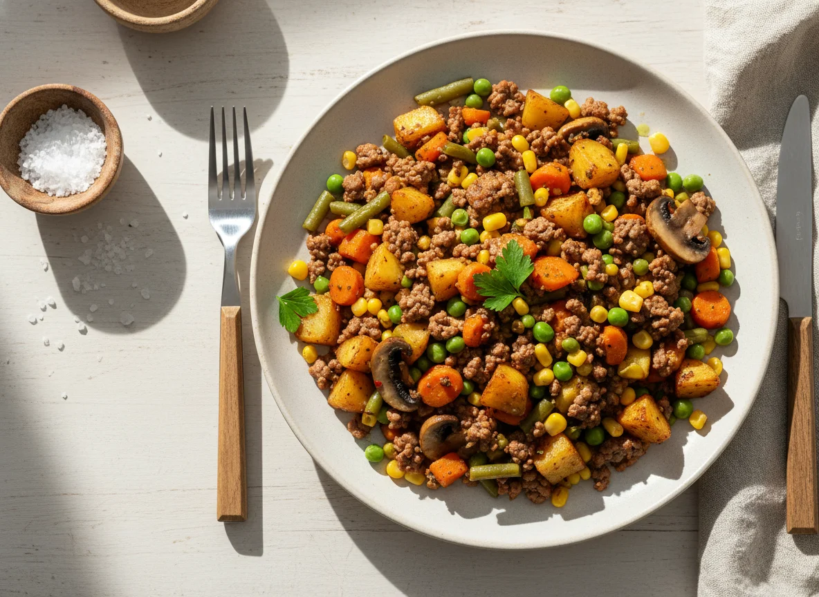 Salteado de carne picada con verduras y patatas photo
