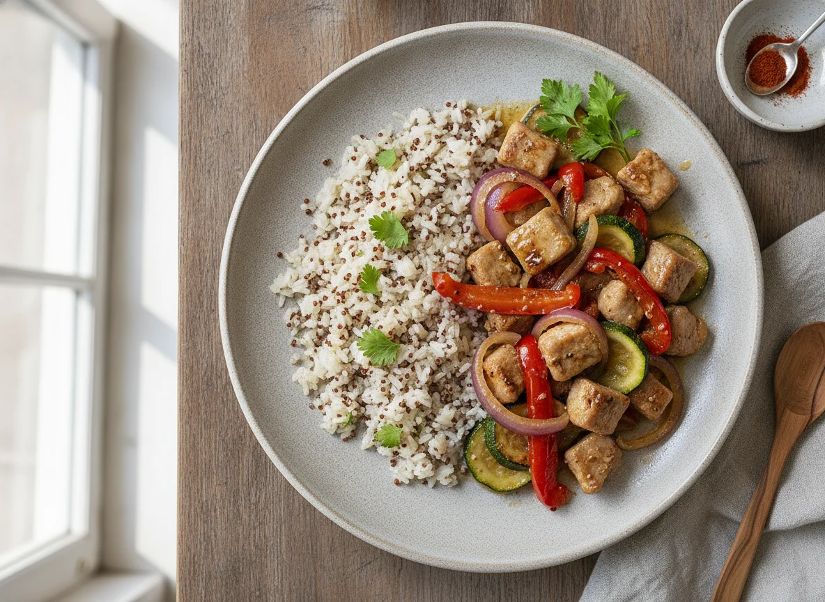 Salteado de cerdo con arroz y quinoa photo