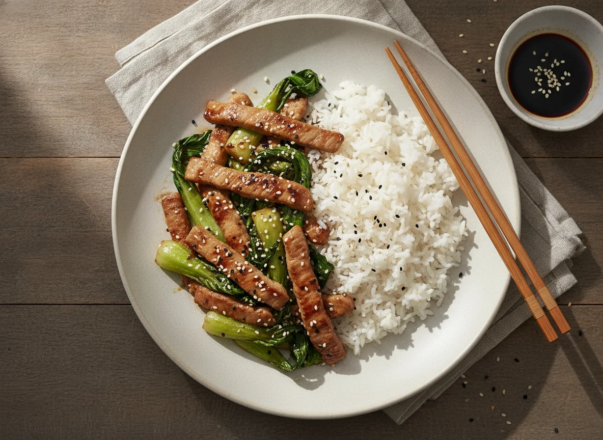 Salteado de cerdo con bok choy y arroz blanco photo