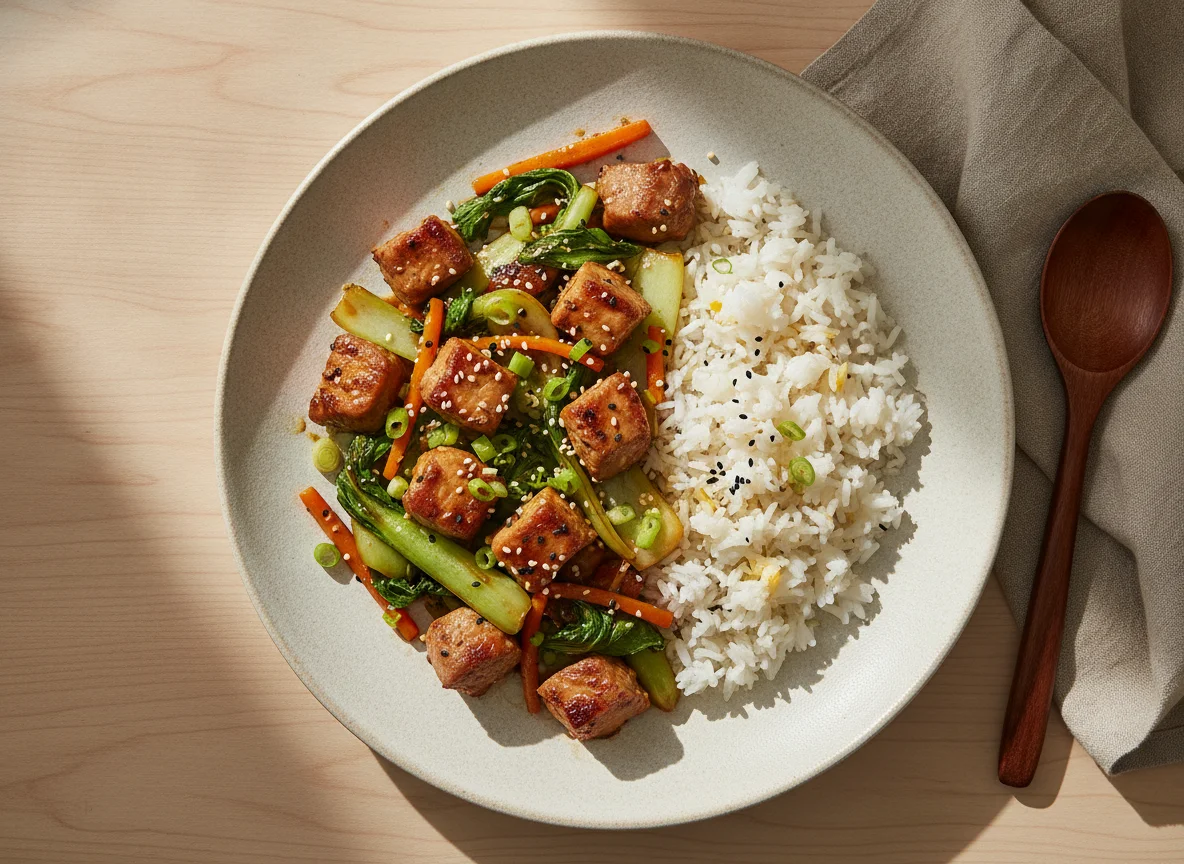 Salteado de cerdo con bok choy y arroz photo