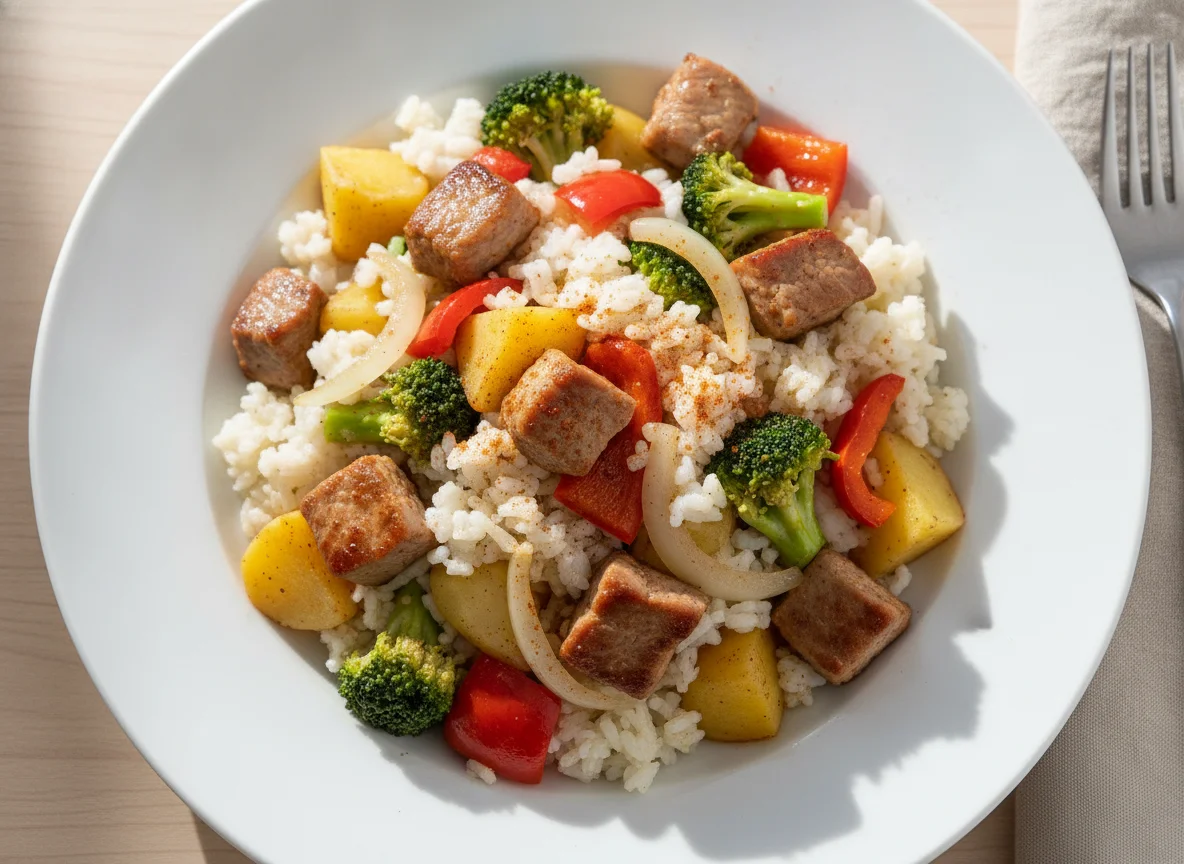 Salteado de cerdo con brócoli, papa y arroz photo