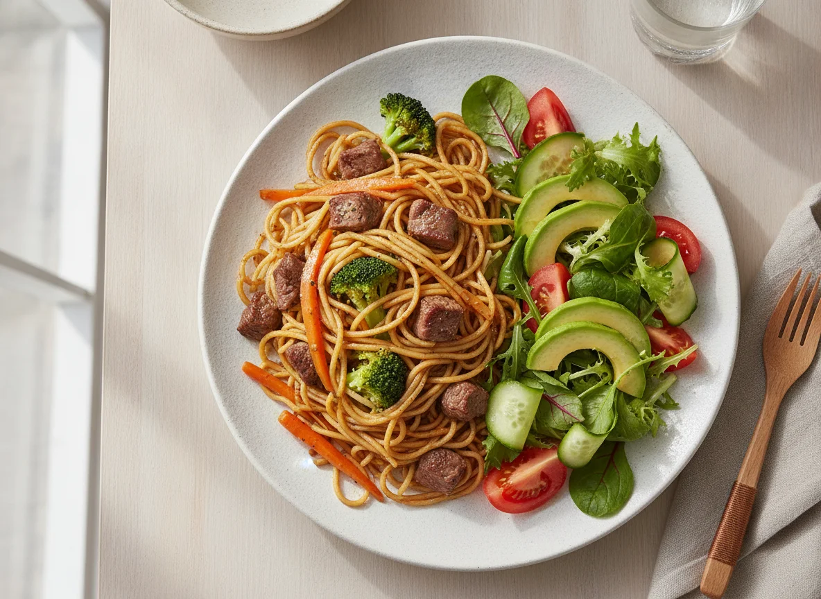 Salteado de fideos con carne y ensalada fresca photo
