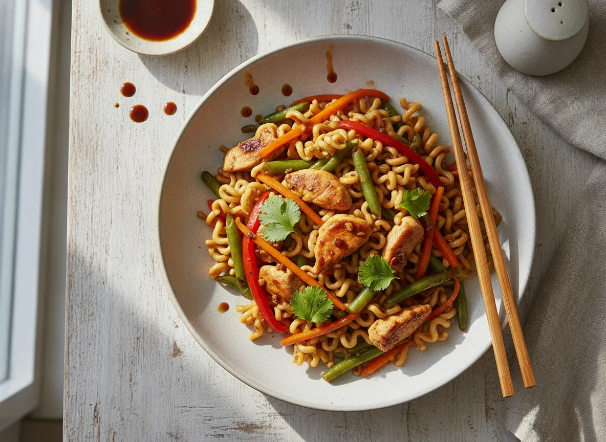 Salteado de fideos con pollo y verduras photo