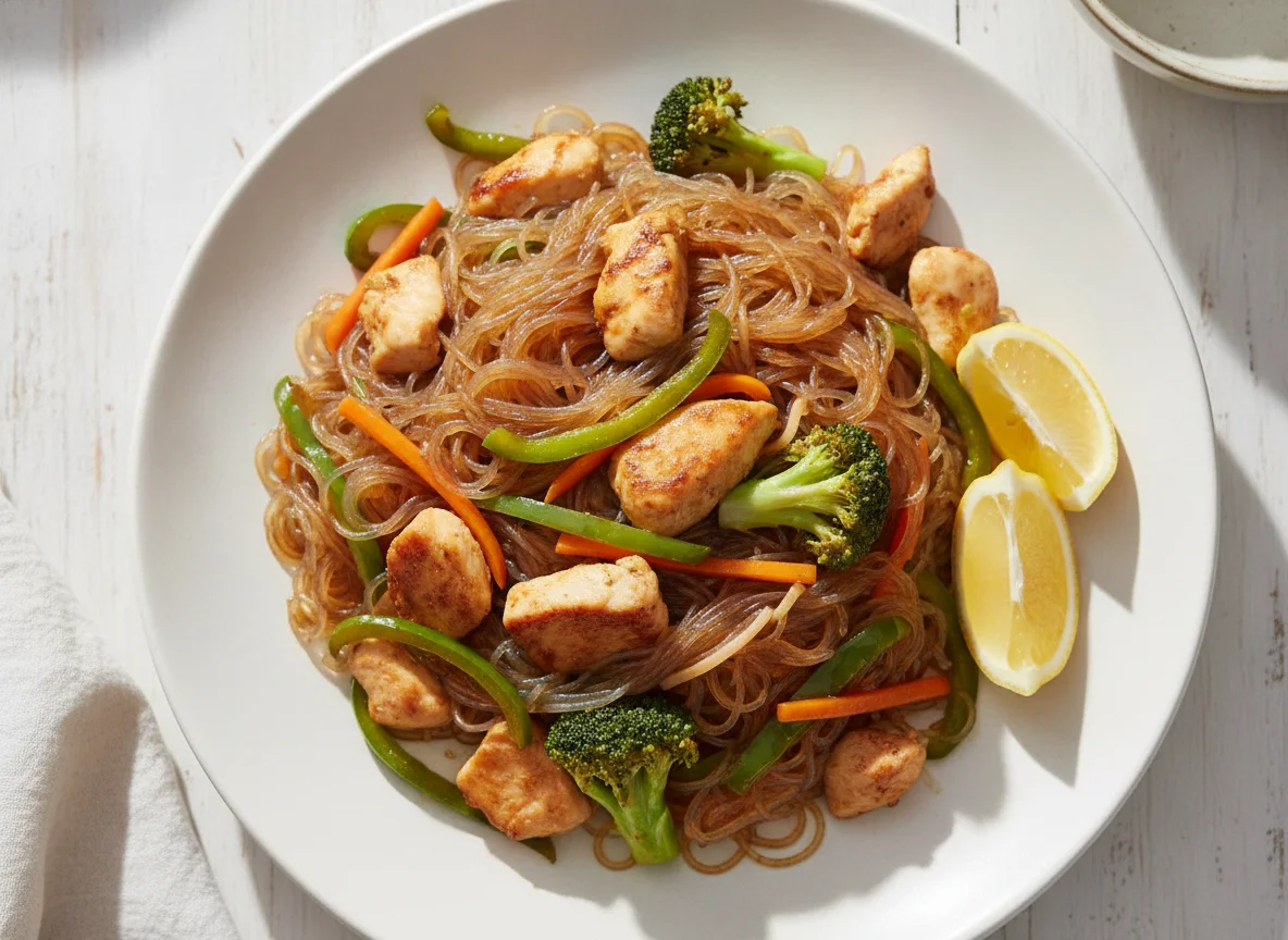 Salteado de fideos de cristal con pollo y verduras photo