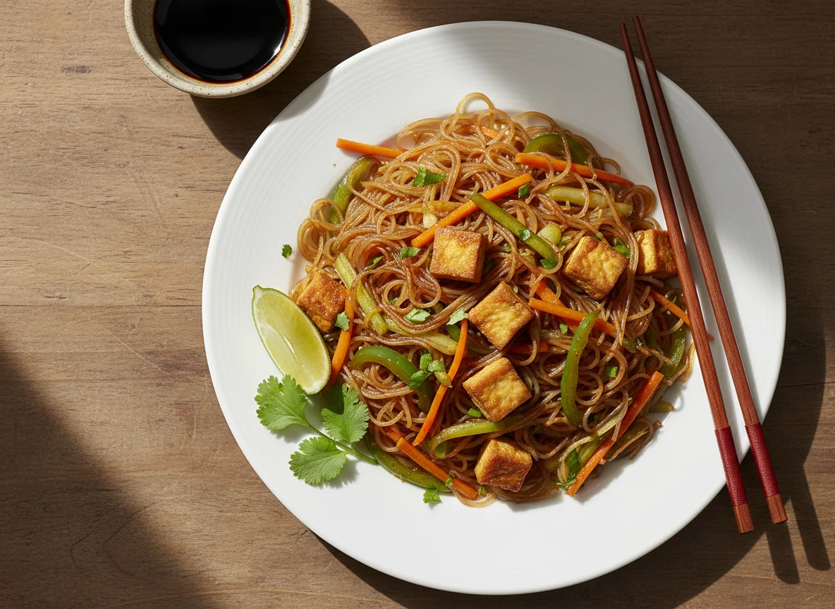 Salteado de fideos de vidrio con verduras y tofu photo