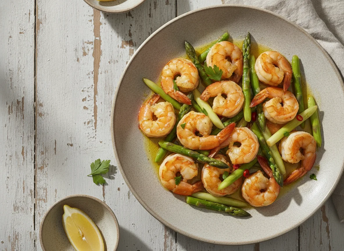 Salteado de gambas con ajetes y espárragos verdes photo