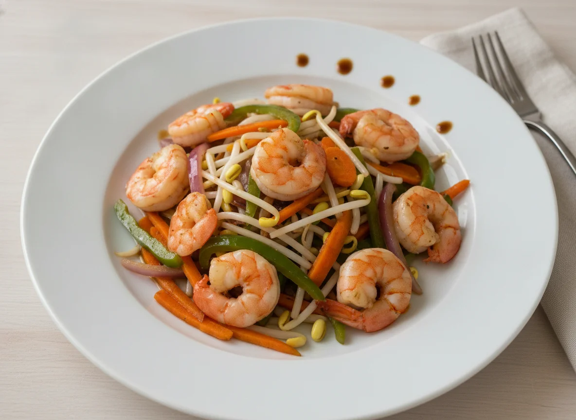Salteado de gambas con verduras photo