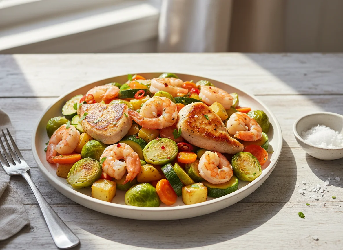 Salteado de gambas, pollo y verduras photo