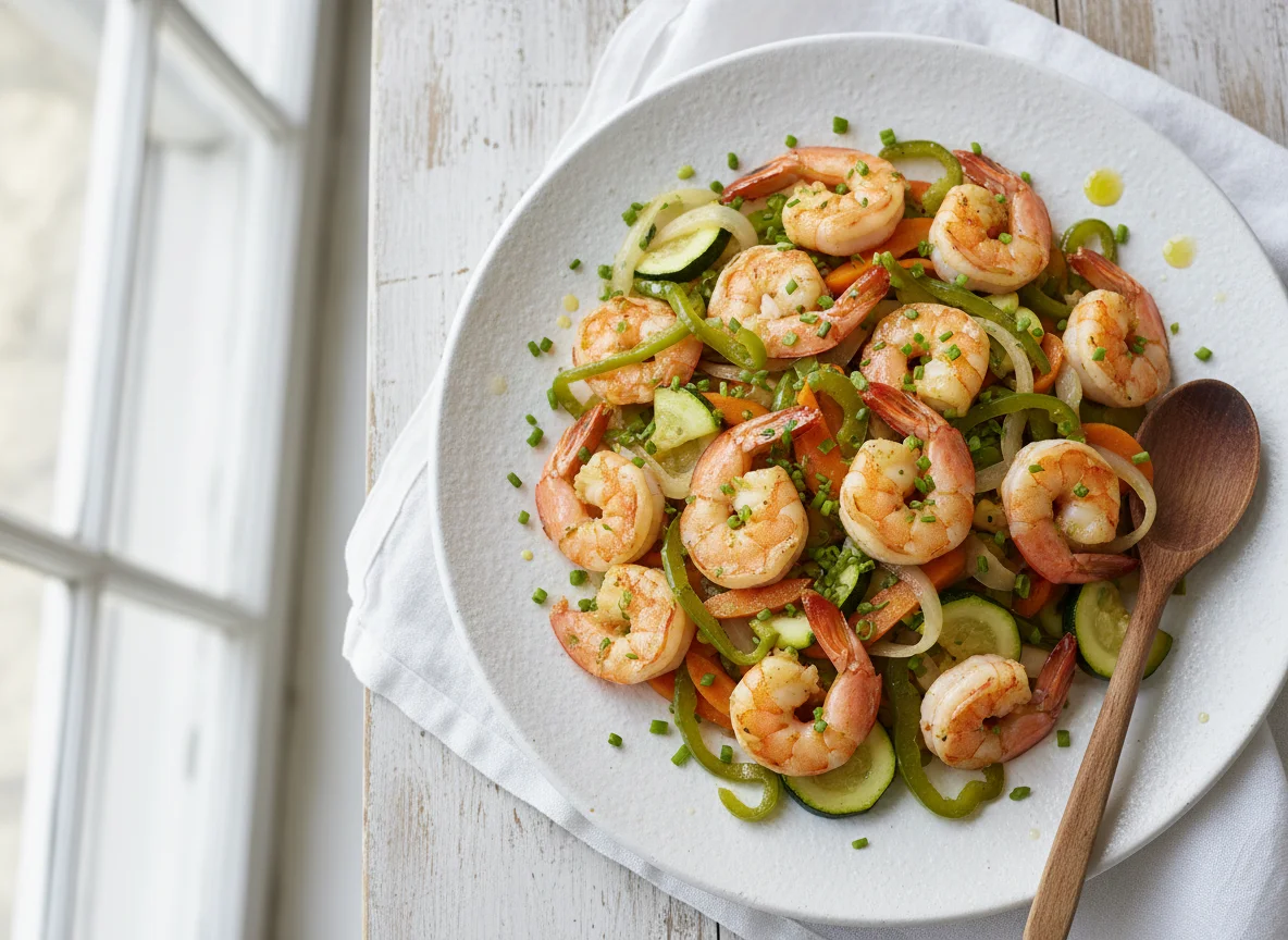 Salteado de gambas y verduras photo