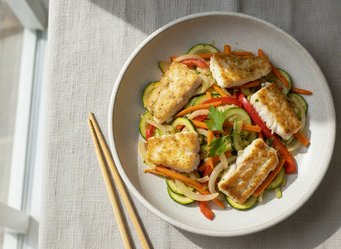 Salteado de pescado con vegetales photo
