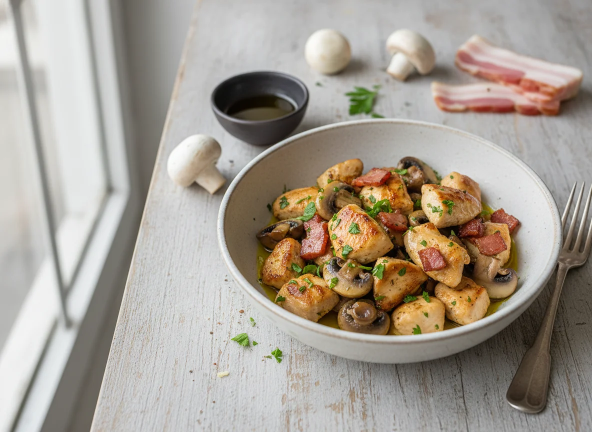 Salteado de pollo, champiñones y bacon photo