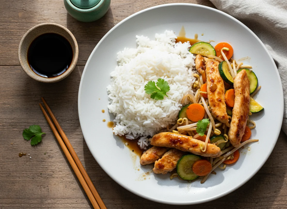 Salteado de pollo con arroz blanco y verduras photo