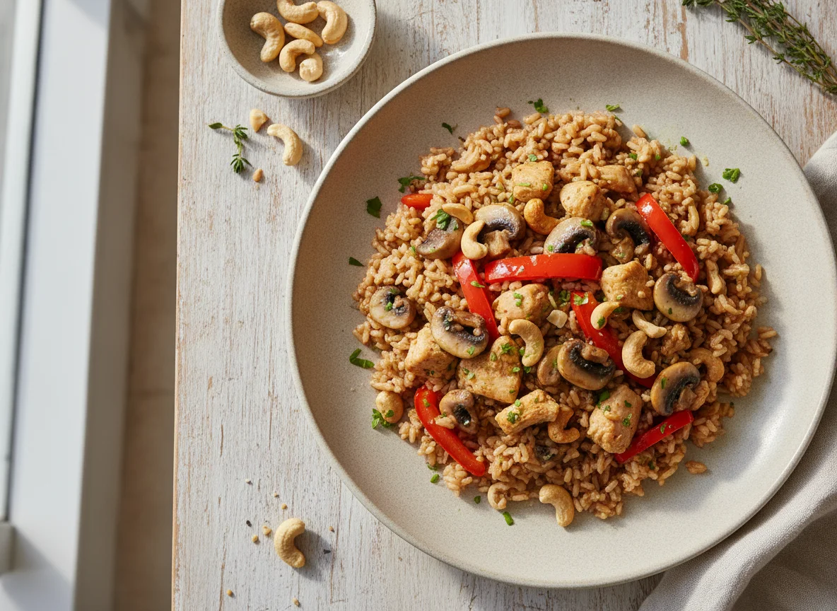 Salteado de pollo con arroz integral, setas y pimiento photo