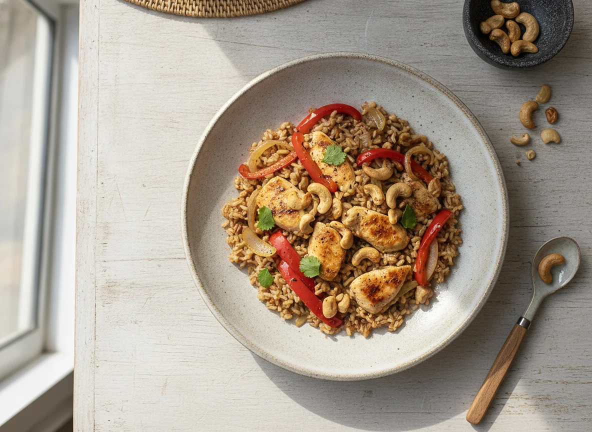 Salteado de pollo con arroz integral y anacardos photo