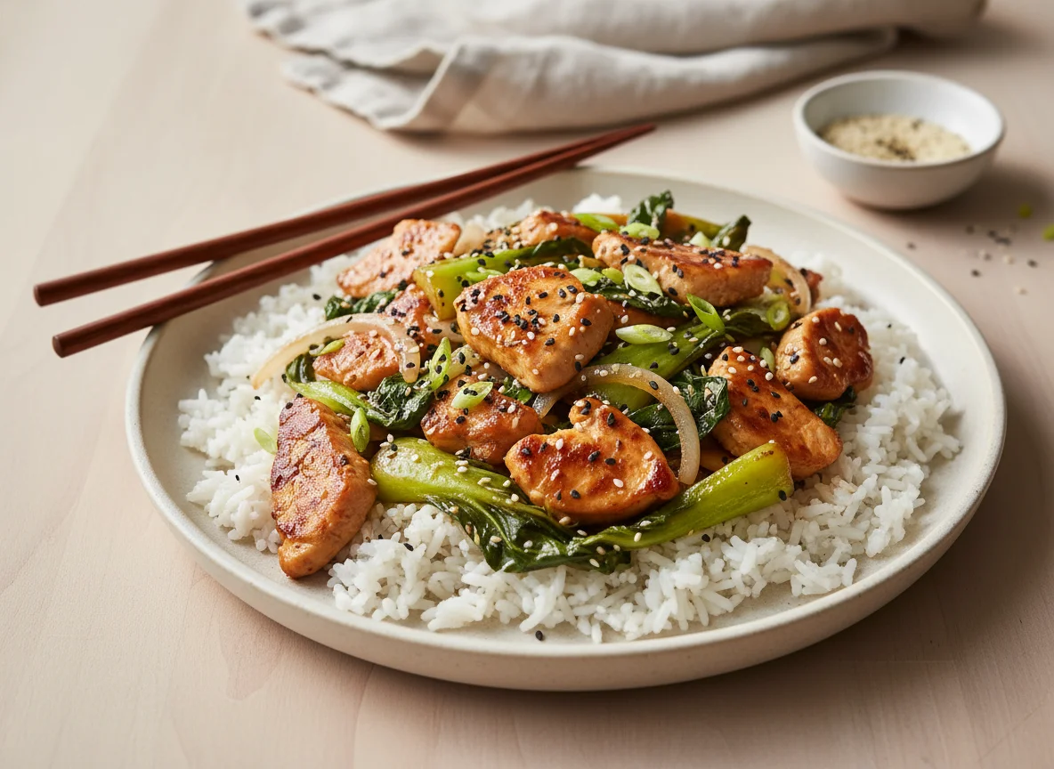 Salteado de pollo con bok choy y arroz photo