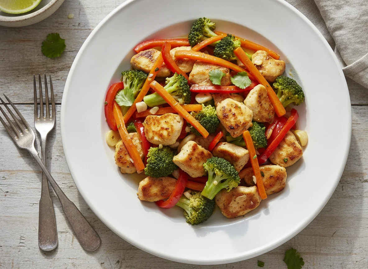 Salteado de pollo con brócoli y zanahoria photo