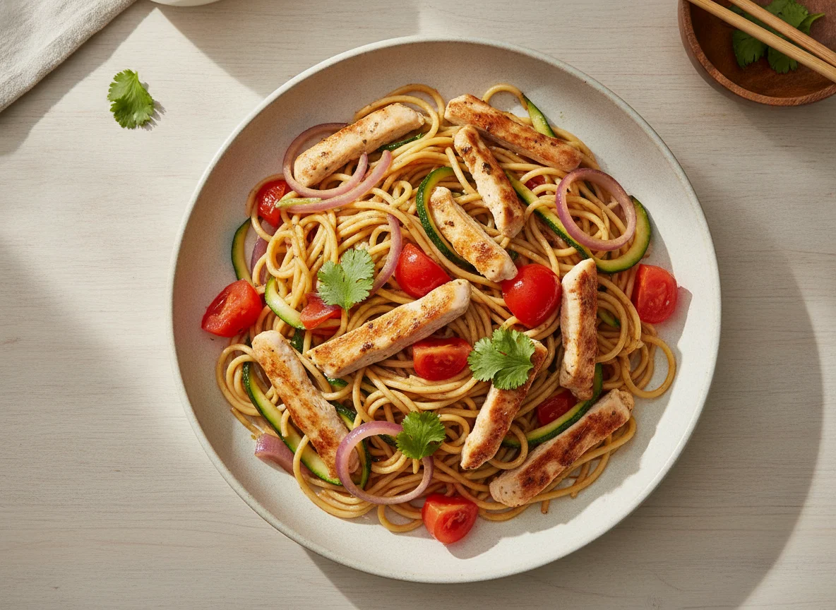 Salteado de pollo con fideos y vegetales photo
