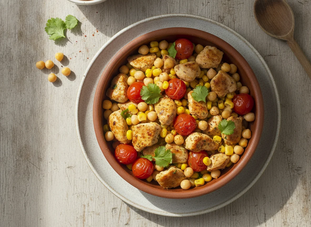 Salteado de pollo con garbanzos, maíz y tomates photo
