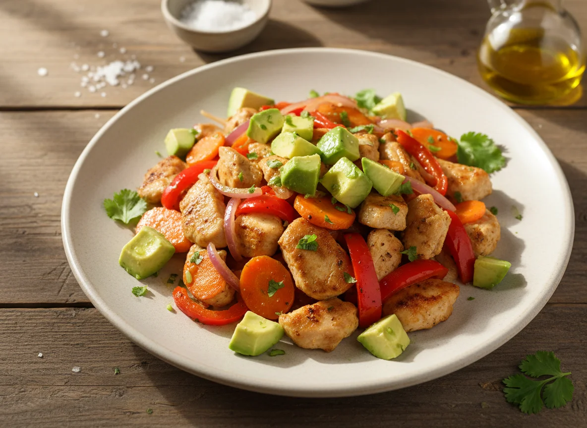 Salteado de pollo con vegetales y aguacate photo