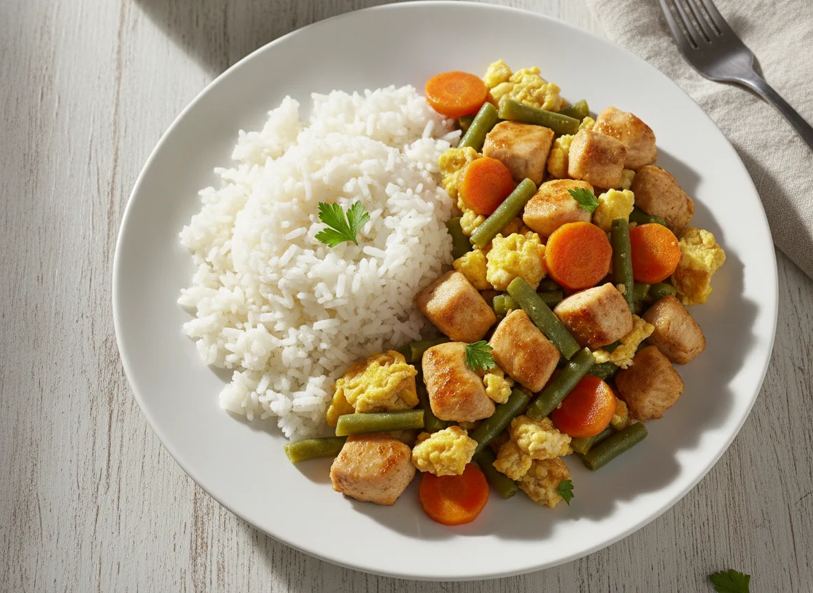 Salteado de pollo con vegetales y arroz photo