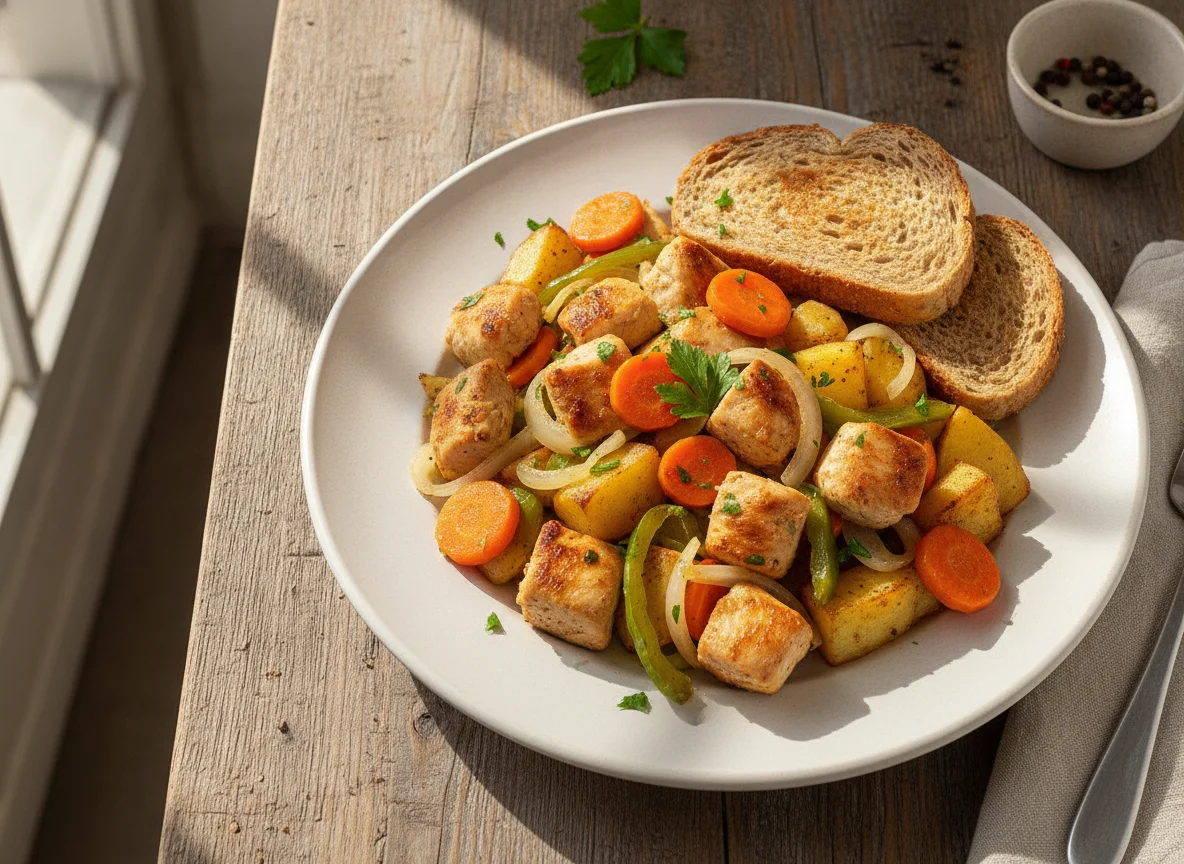 Salteado de pollo con vegetales y pan integral photo