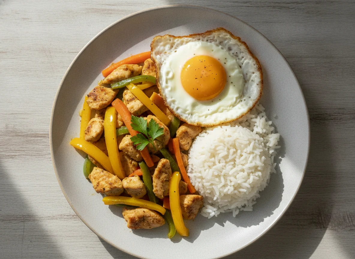 Salteado de pollo con verduras, arroz y huevo frito photo