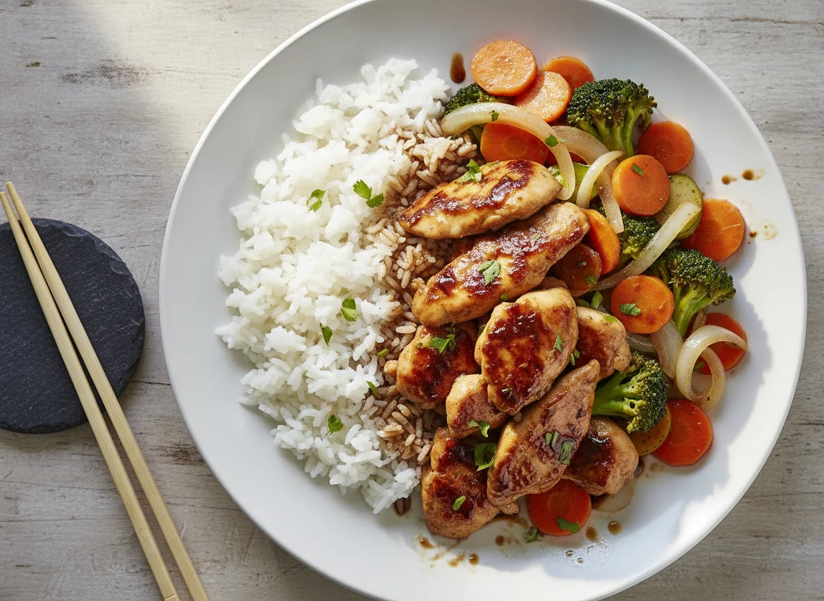 Salteado de pollo con verduras y arroz photo