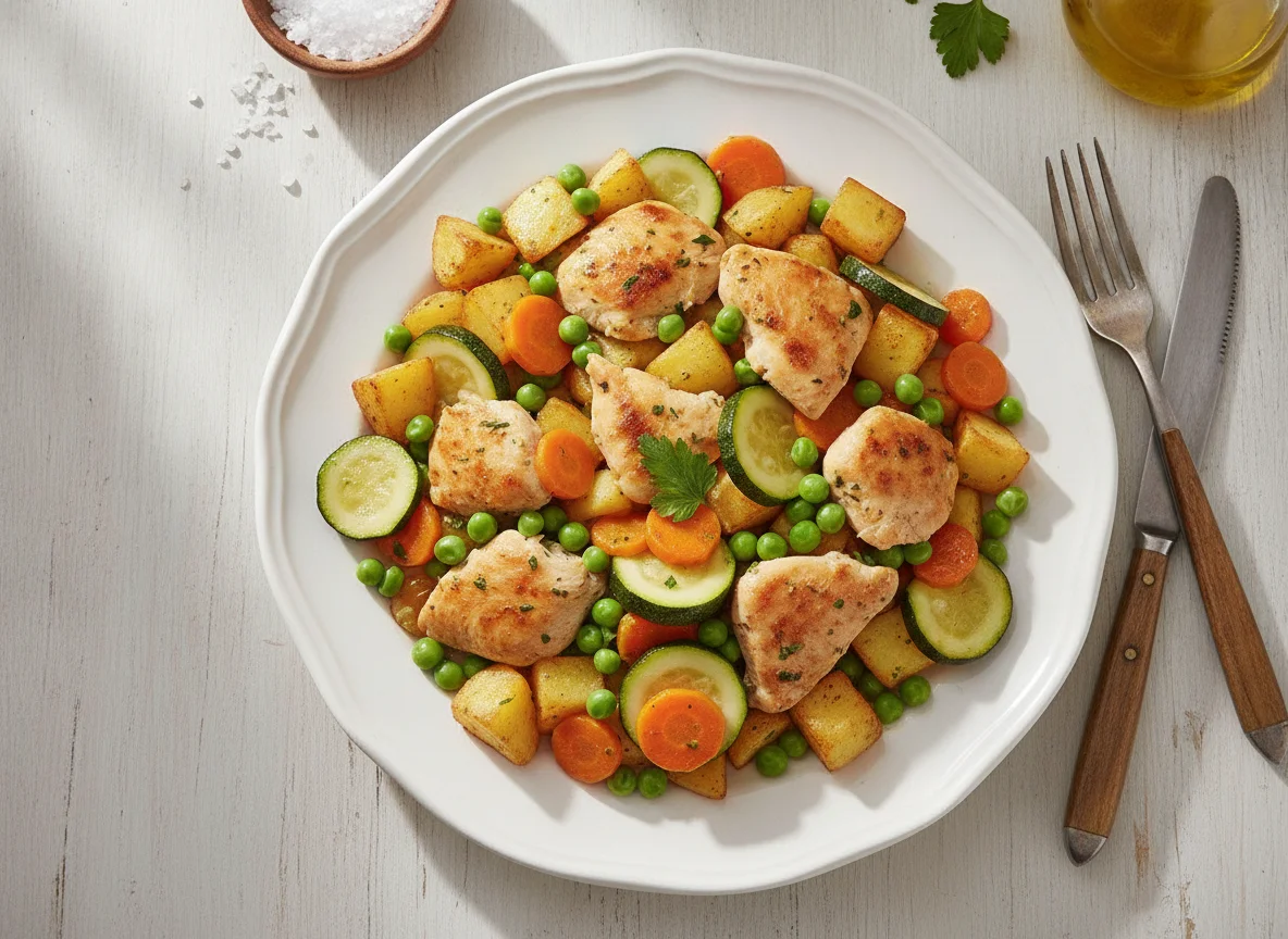 Salteado de pollo con verduras y patatas photo