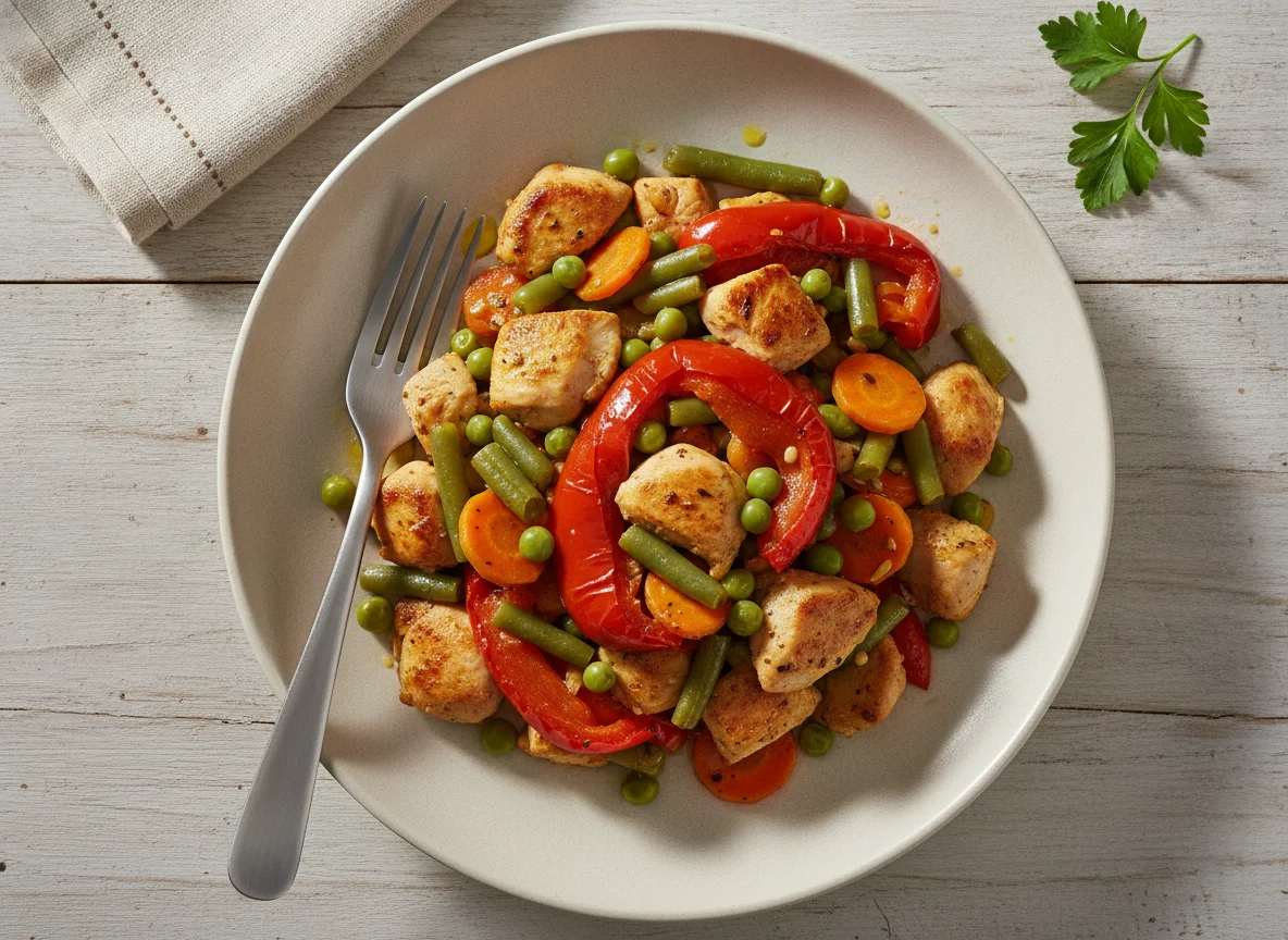 Salteado de pollo con verduras y pimiento rojo photo