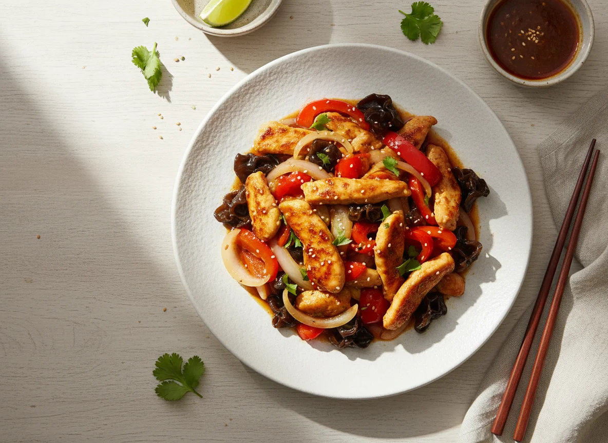 Salteado de pollo con verduras y salsa photo