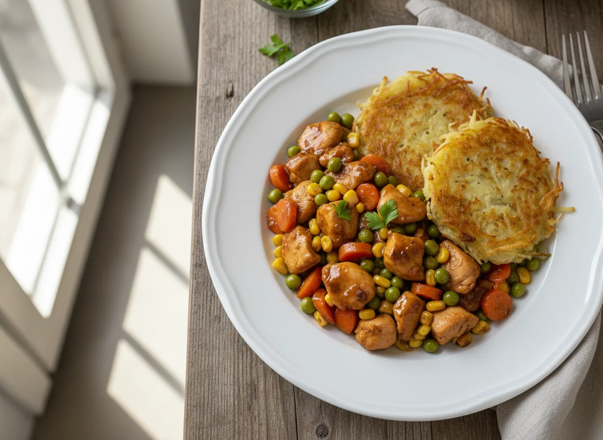 Salteado de pollo con verduras y tortitas de patata photo