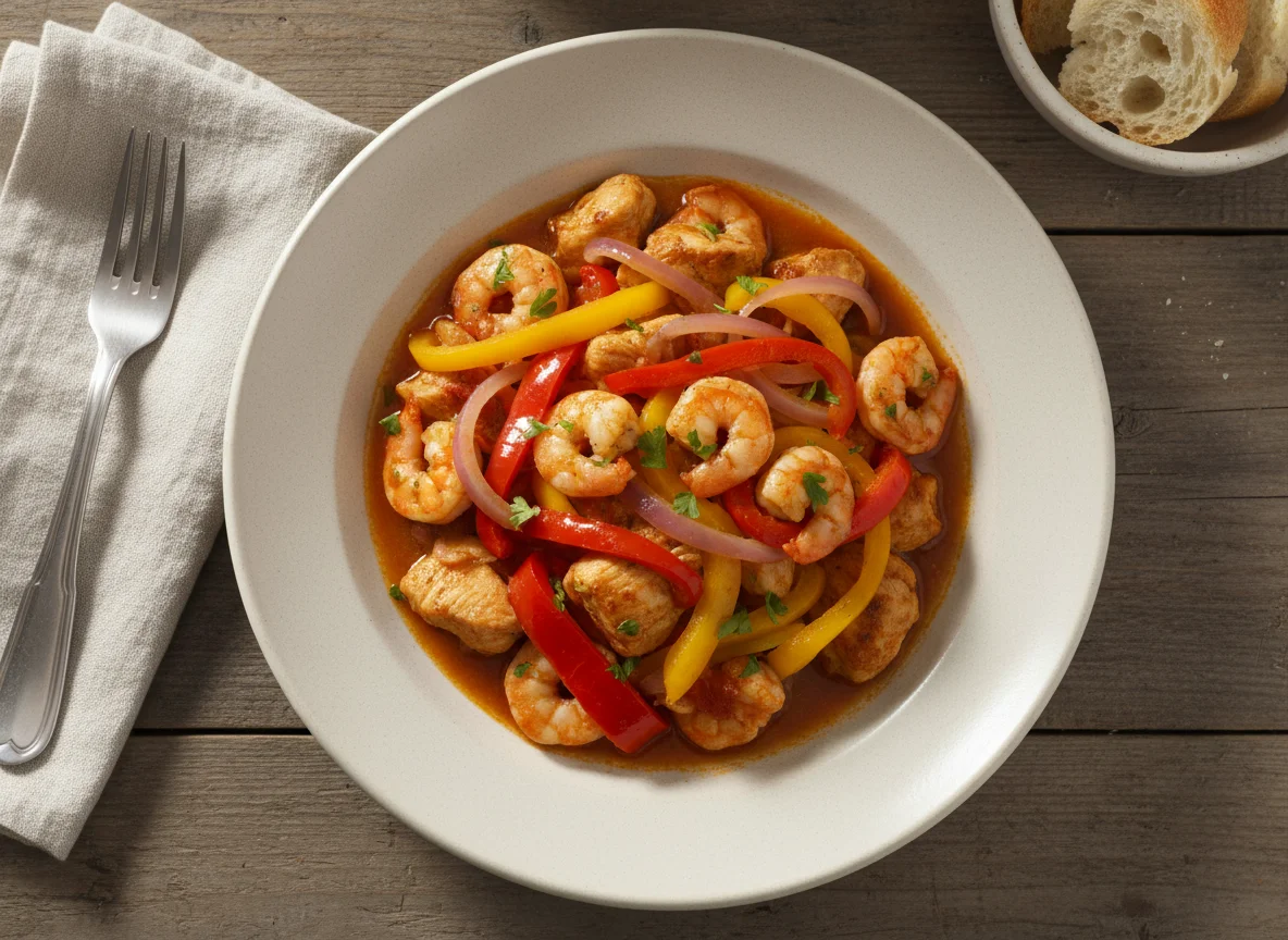 Salteado de pollo y camarones con pimientos photo