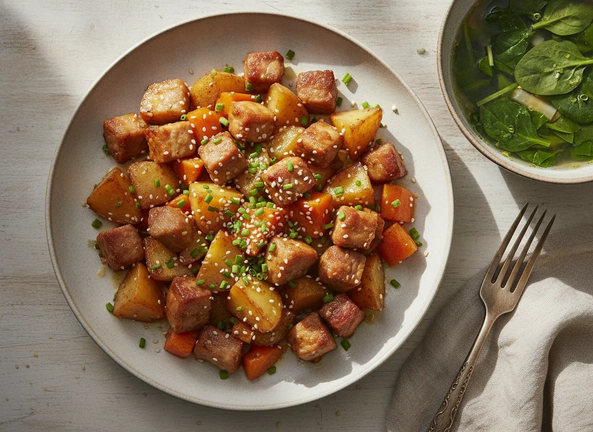 Salteado de puerco con papas y zanahorias con sopa de verduras photo