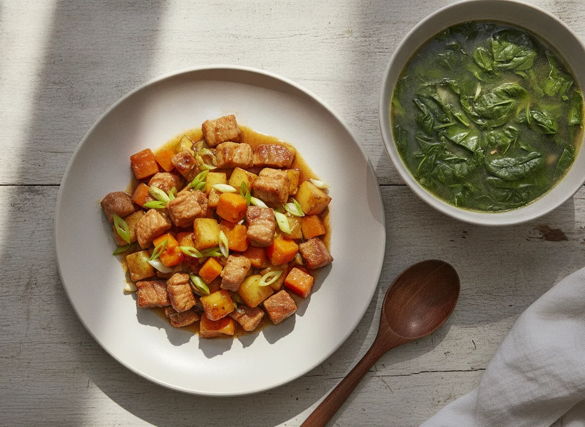 Salteado de puerco con verduras y sopa de hojas verdes photo