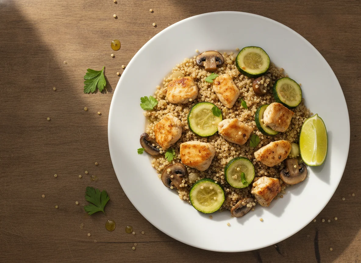 Salteado de quinoa con pollo, champiñones y calabacín photo
