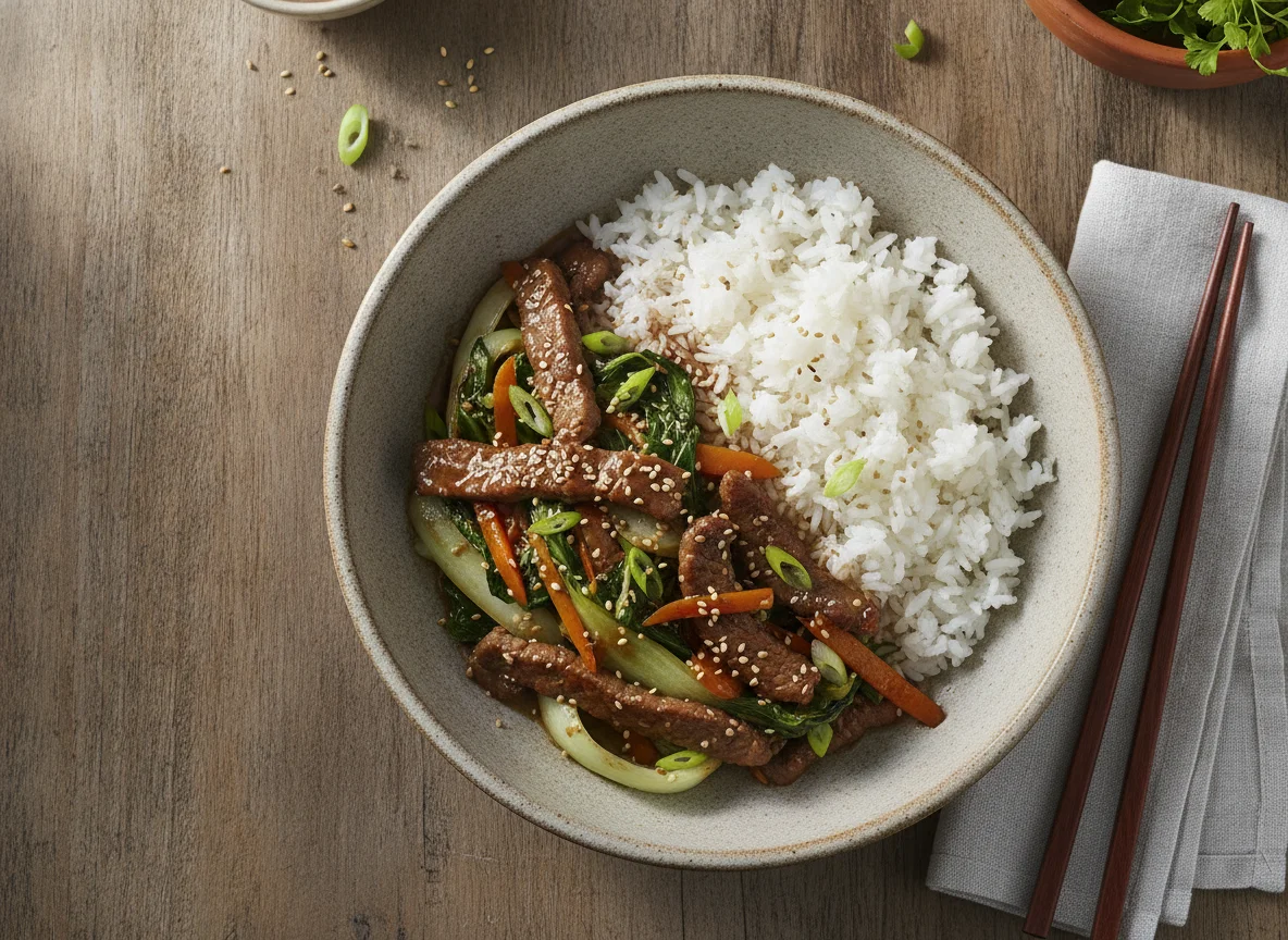 Salteado de res con bok choy y arroz blanco photo